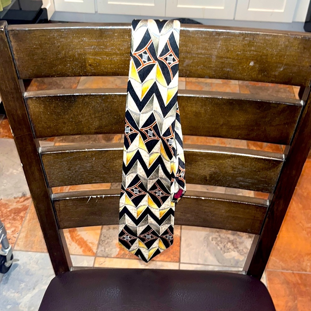 Men’s Tie, Dimond Pattern, Black, Cream, Gray, Yellow, Stafford Executive